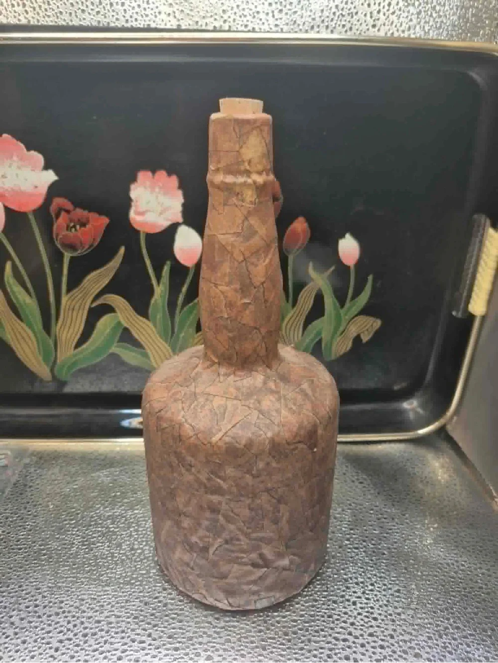 RARE Retrò Decoupage Masking Tape Decanter 1960s Midcentury Bohemian Folk art